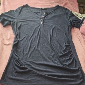 Blue And White Maternity Top With Side Ruching